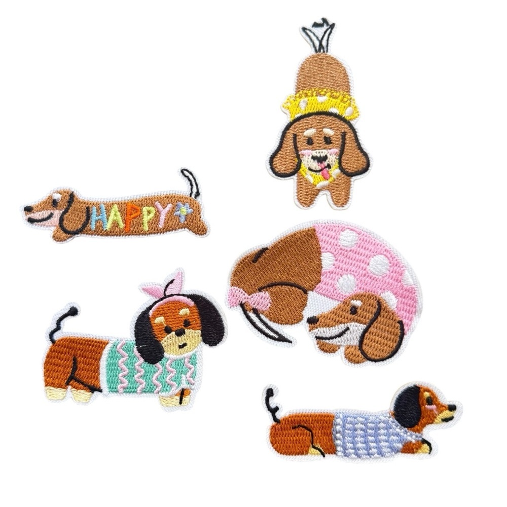 5 Cute Dachshund Dog Embroidered Patches Set - Multicolor